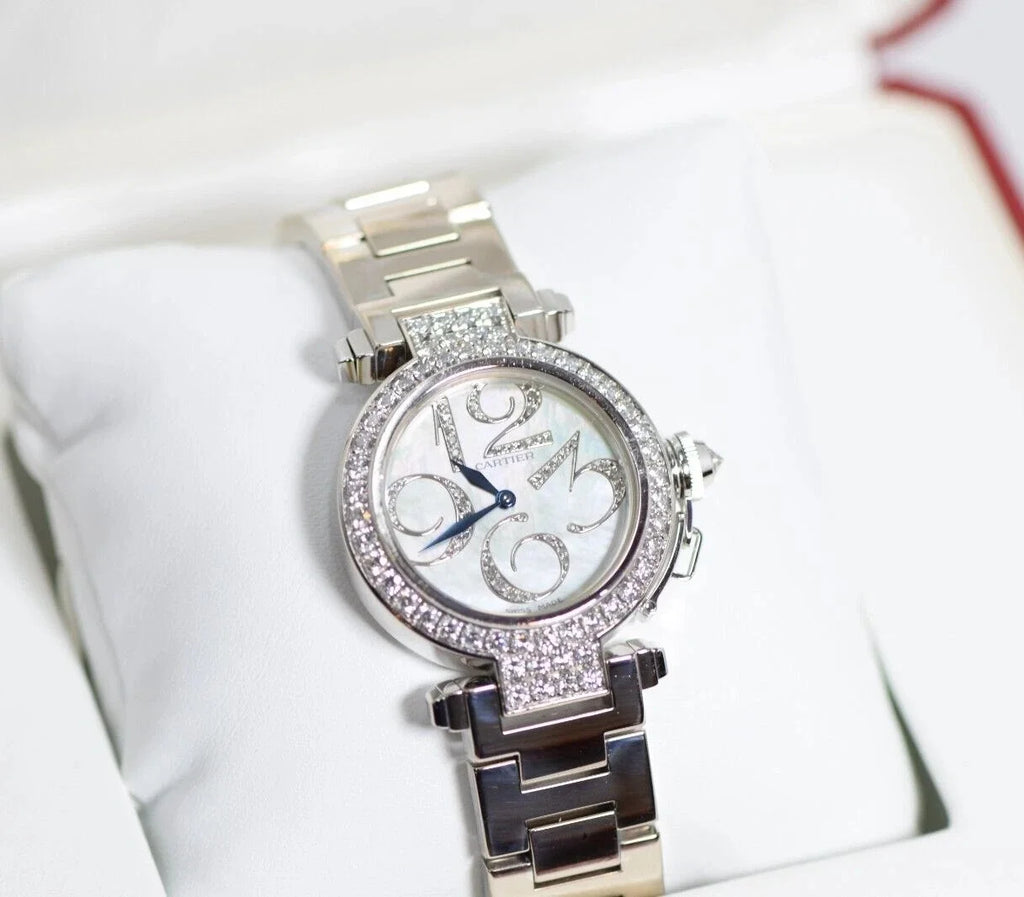 Pasha Cartier WJ12320G 32mm Watch 18k White Gold & Diamonds Box & Papers