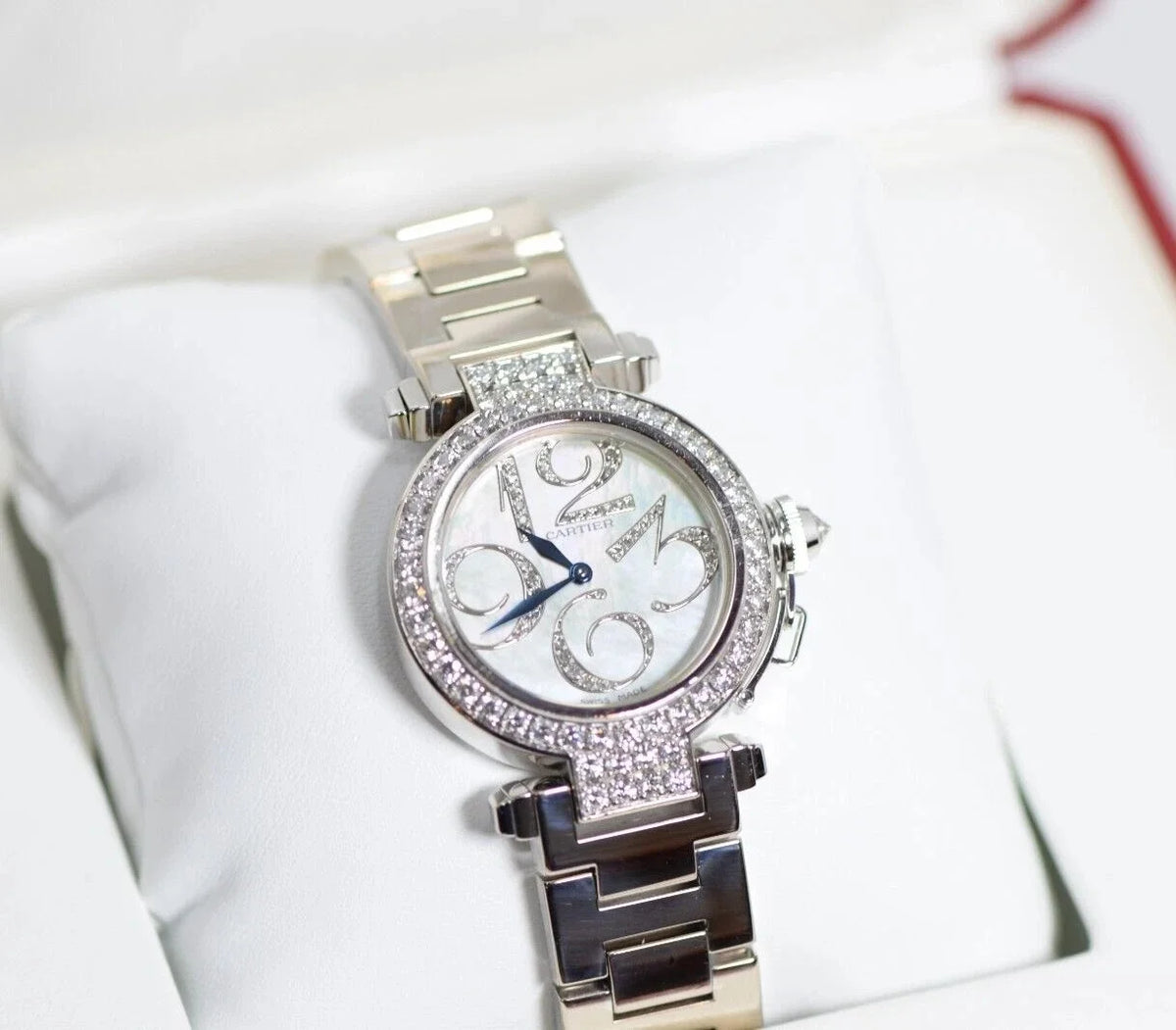 Pasha Cartier WJ12320G 32mm Watch 18k White Gold & Diamonds Box & Papers