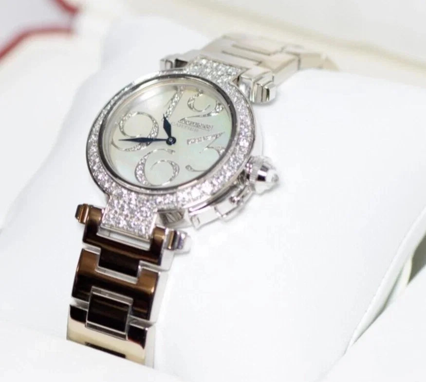 Pasha Cartier WJ12320G 32mm Watch 18k White Gold & Diamonds Box & Papers