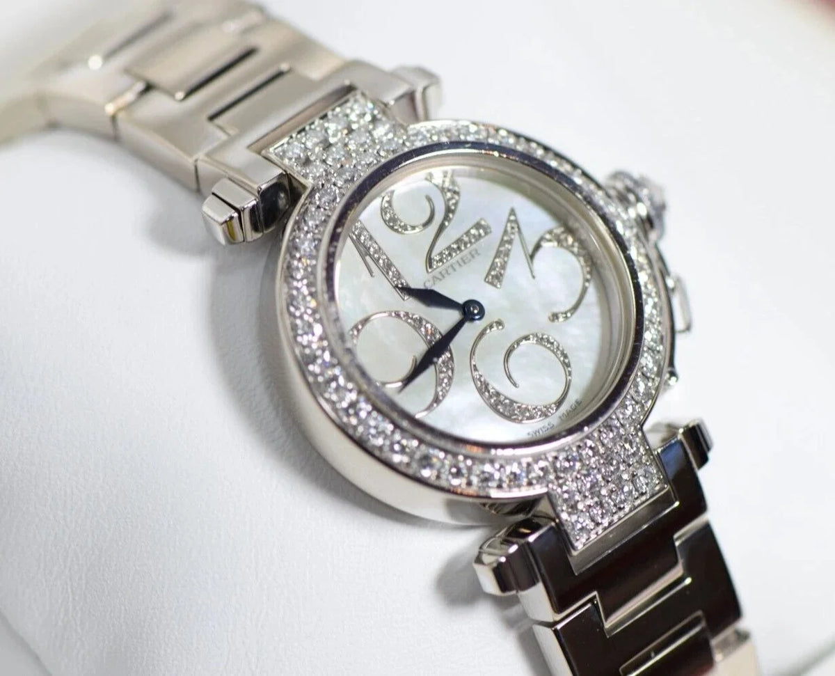 Pasha Cartier WJ12320G 32mm Watch 18k White Gold & Diamonds Box & Papers