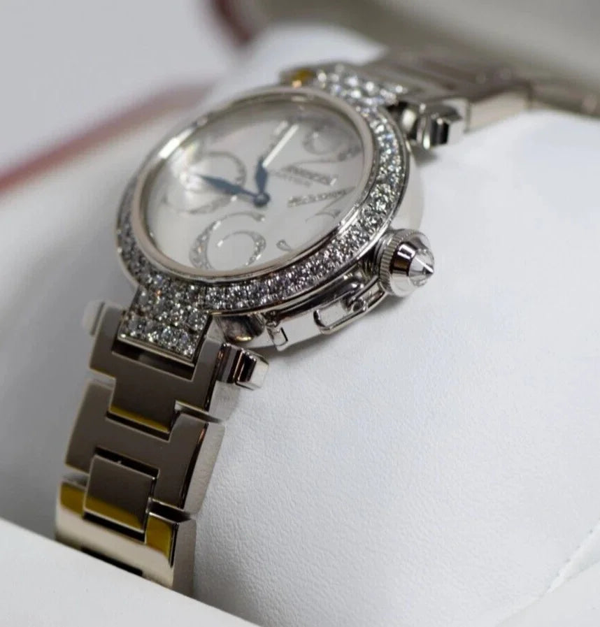 Pasha Cartier WJ12320G 32mm Watch 18k White Gold & Diamonds Box & Papers