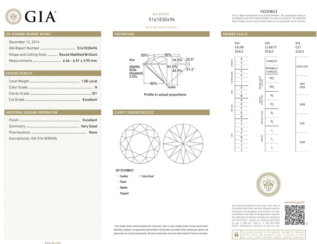 1.00ct GIA H SI1 Natural Round Modified Brilliant Diamond Excellent Cut