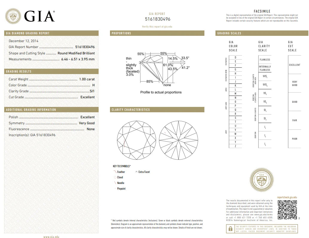 1.00ct GIA H SI1 Natural Round Modified Brilliant Diamond Excellent Cut