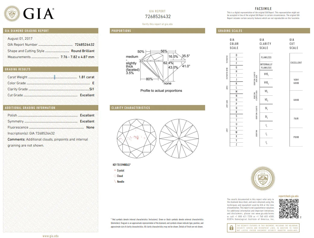 1.81ct GIA E SI1 Natural Round Brilliant Diamond Triple EX No Fluorescence