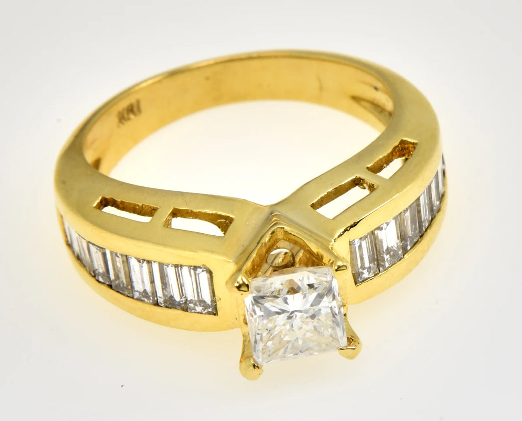 18K Yellow Gold 0.96ct GIA J I1 Natural Princess Diamond Baguette Ring Sz 6
