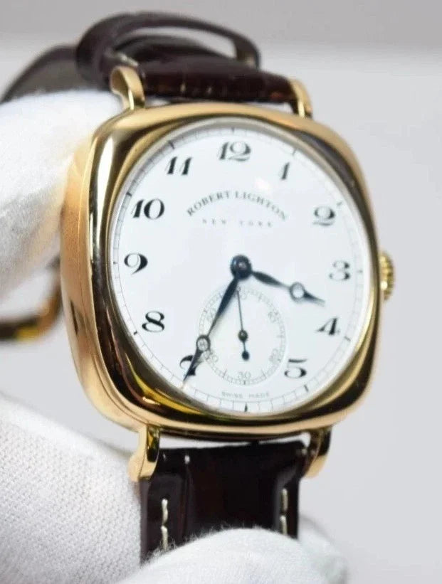 Robert Lighton Wristwatch HUDSON SOLID 18KT GOLD W/ BROWN Leather Strap