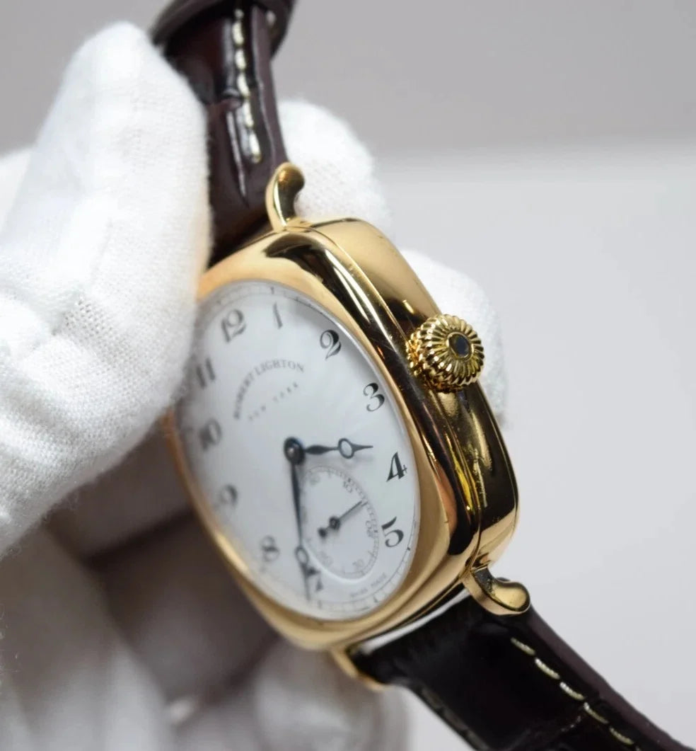 Robert Lighton Wristwatch HUDSON SOLID 18KT GOLD W/ BROWN Leather Strap