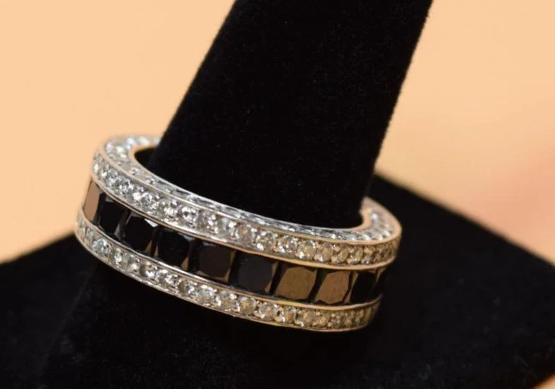 14K White Gold Black & White Diamond Eternity Band Ring Size 7.75-8 11.5g
