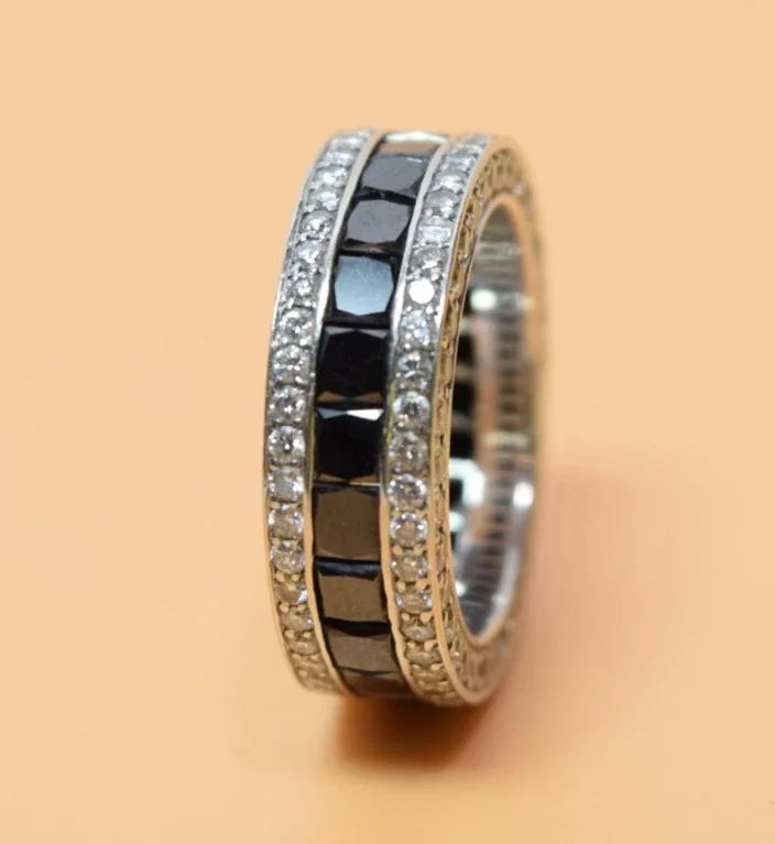 14K White Gold Black & White Diamond Eternity Band Ring Size 7.75-8 11.5g