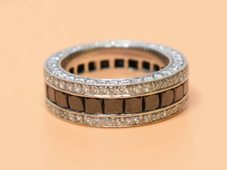 14K White Gold Black & White Diamond Eternity Band Ring Size 7.75-8 11.5g