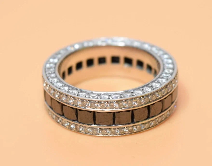 14K White Gold Black & White Diamond Eternity Band Ring Size 7.75-8 11.5g