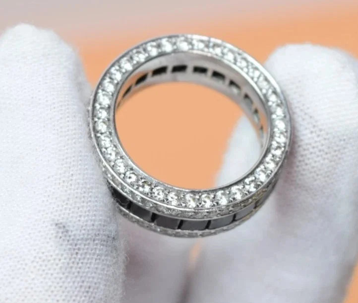 14K White Gold Black & White Diamond Eternity Band Ring Size 7.75-8 11.5g