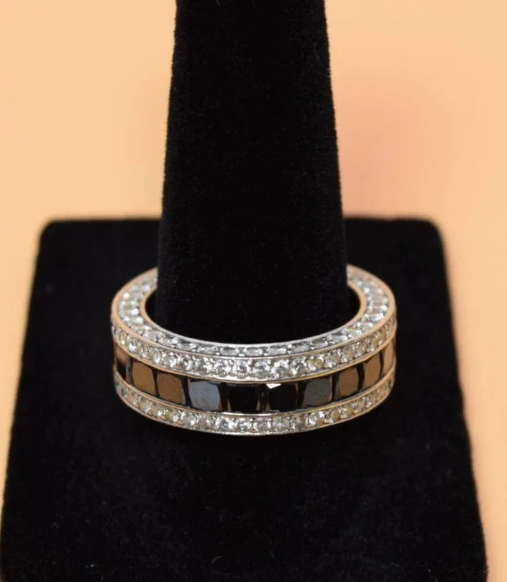 14K White Gold Black & White Diamond Eternity Band Ring Size 7.75-8 11.5g