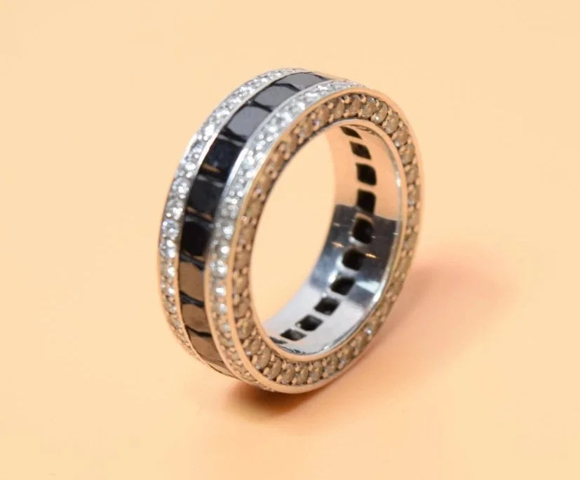 14K White Gold Black & White Diamond Eternity Band Ring Size 7.75-8 11.5g