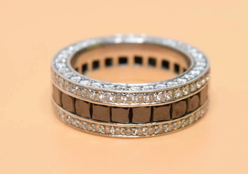 14K White Gold Black & White Diamond Eternity Band Ring Size 7.75-8 11.5g