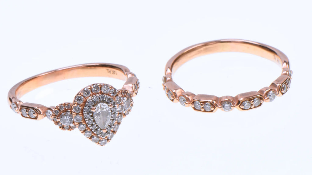 14K Yellow Gold Natural Diamond Pear Double Halo Bridal Set Size 8.5