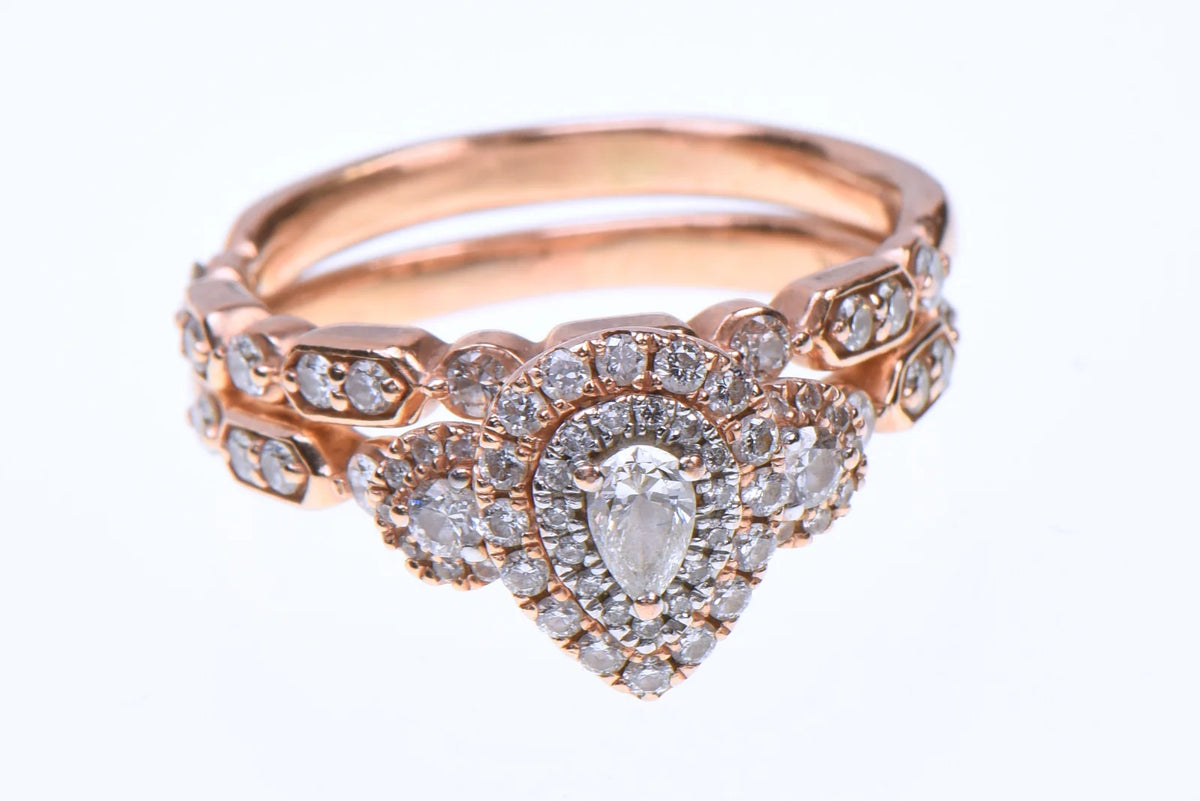 14K Yellow Gold Natural Diamond Pear Double Halo Bridal Set Size 8.5