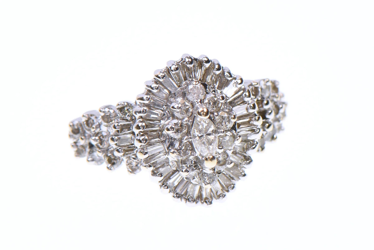 10K Yellow Gold Natural Diamond Marquise Baguette Cluster Ring Size 4