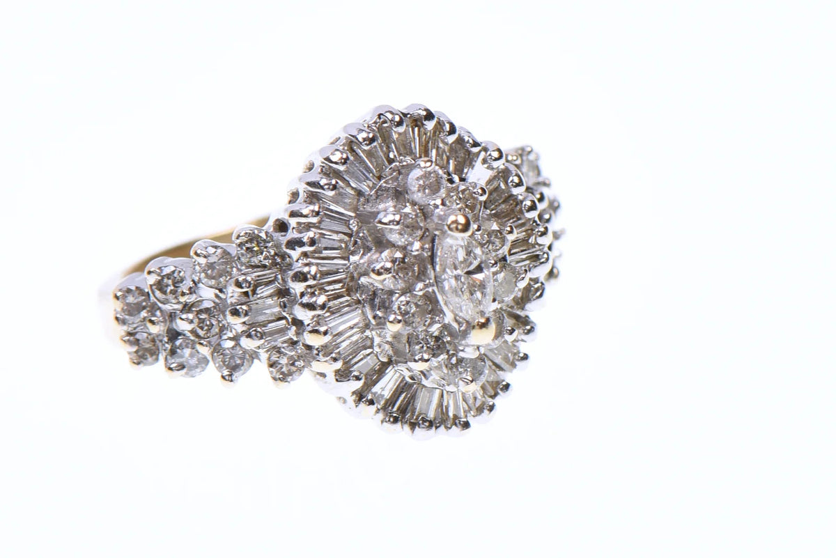 10K Yellow Gold Natural Diamond Marquise Baguette Cluster Ring Size 4