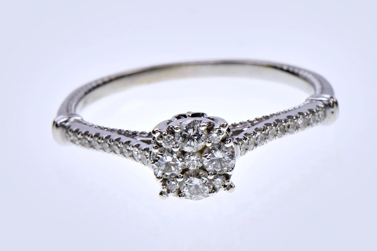 14K White Gold Natural Diamond Floral Cluster Ring SI Size 10
