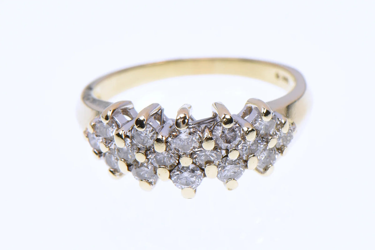 14K Yellow Gold ~1ct TW Natural Diamond 3-Row Cluster Ring Size 7.75