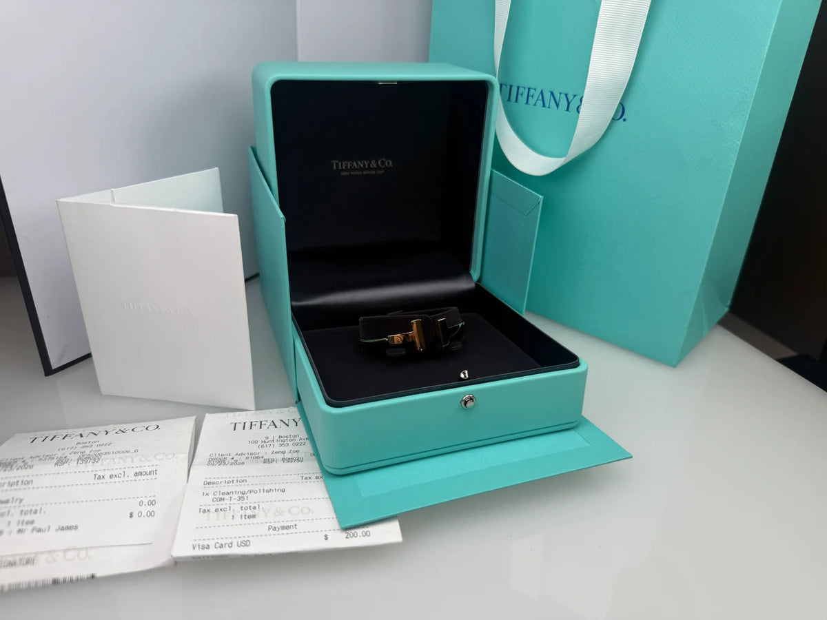 Tiffany & Co. T Wide Wire Bracelet 18K Yellow Gold Large, Box & Service Receipt