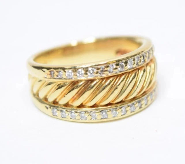 David Yurman 18K Yellow Gold Diamond Cable Cigar Band Ring Size 7 Vintage