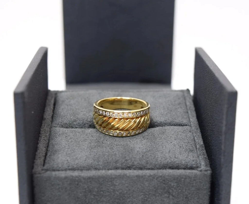 David Yurman 18K Yellow Gold Diamond Cable Cigar Band Ring Size 7 Vintage